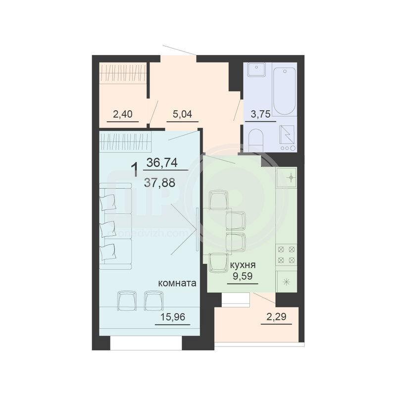 1-комнатная квартира, 37.88кв.м