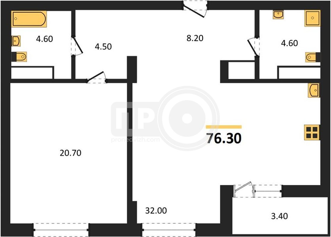 1-комнатная квартира, 76.3кв.м