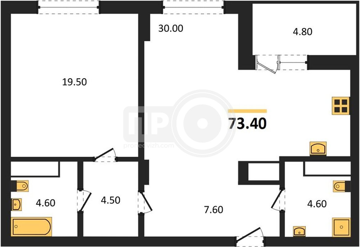 1-комнатная квартира, 73.4кв.м