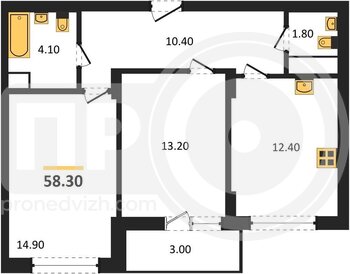 Миниатюра 2-комнатная квартира, 58.3кв.м