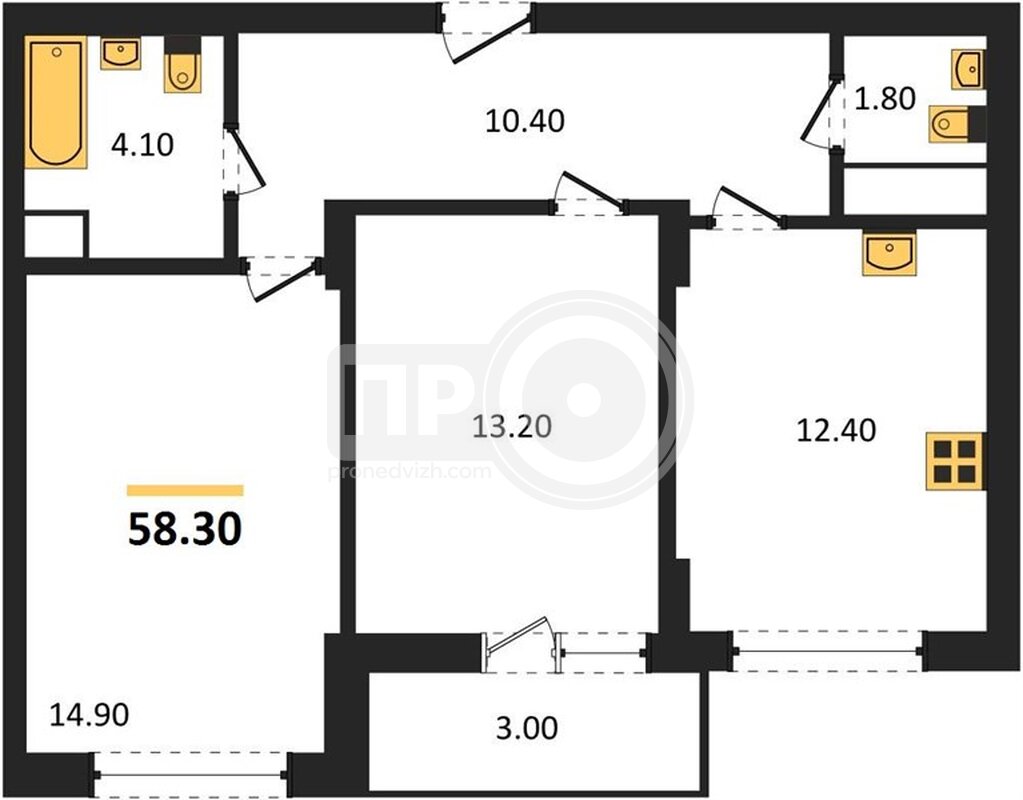 2-комнатная квартира, 58.3кв.м