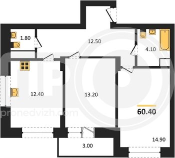 Миниатюра 2-комнатная квартира, 60.4кв.м