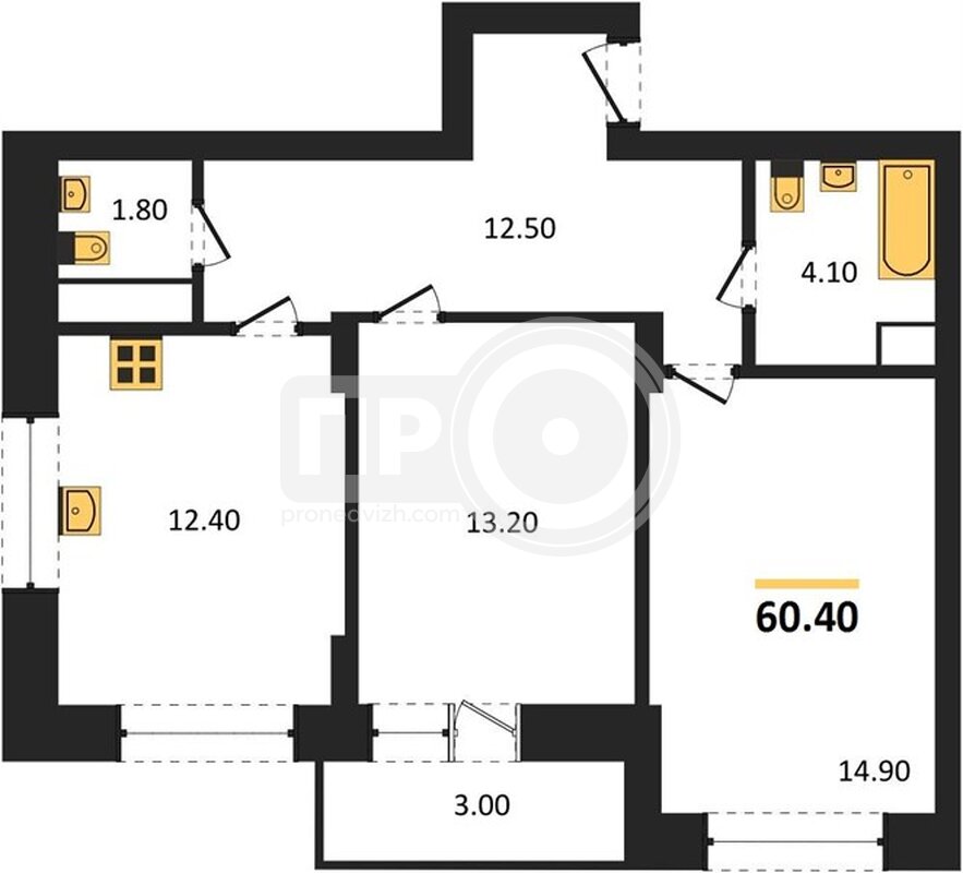 2-комнатная квартира, 60.4кв.м