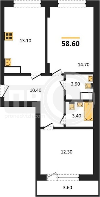 2-комнатная квартира, 58.6кв.м