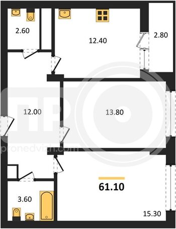 Миниатюра 2-комнатная квартира, 61.1кв.м