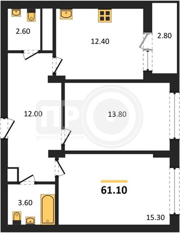 2-комнатная квартира, 61.1кв.м