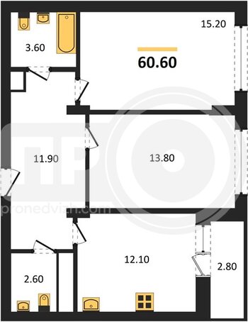 Миниатюра 2-комнатная квартира, 60.6кв.м