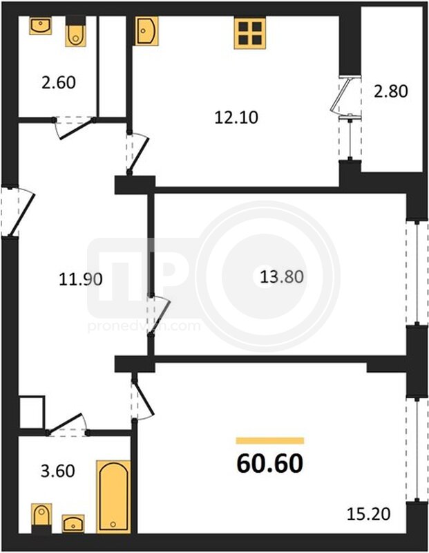2-комнатная квартира, 60.6кв.м