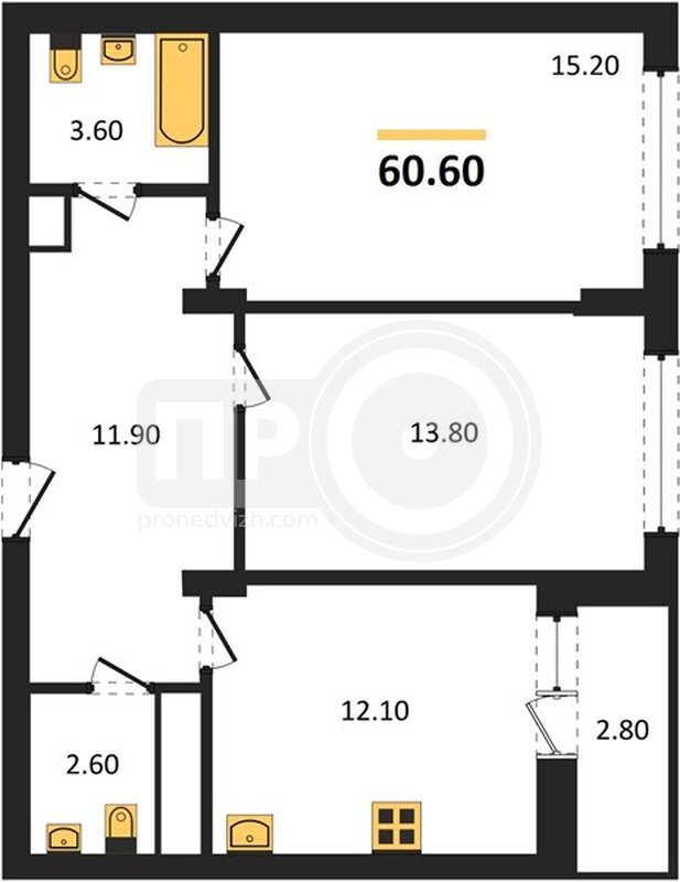 2-комнатная квартира, 60.6кв.м