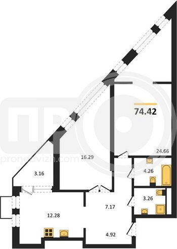 Миниатюра 2-комнатная квартира, 74.42кв.м