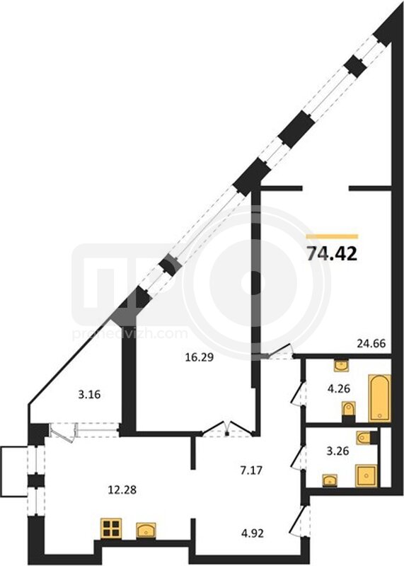 2-комнатная квартира, 74.42кв.м