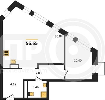 Миниатюра 1-комнатная квартира, 56.65кв.м
