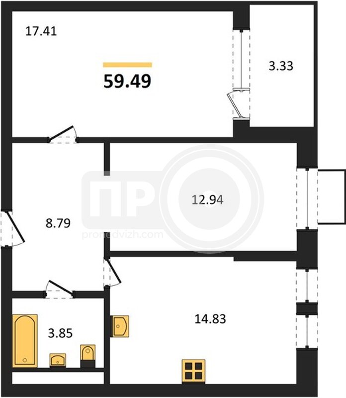 2-комнатная квартира, 59.49кв.м