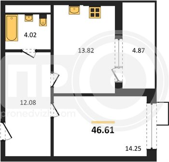 Миниатюра 1-комнатная квартира, 46.61кв.м