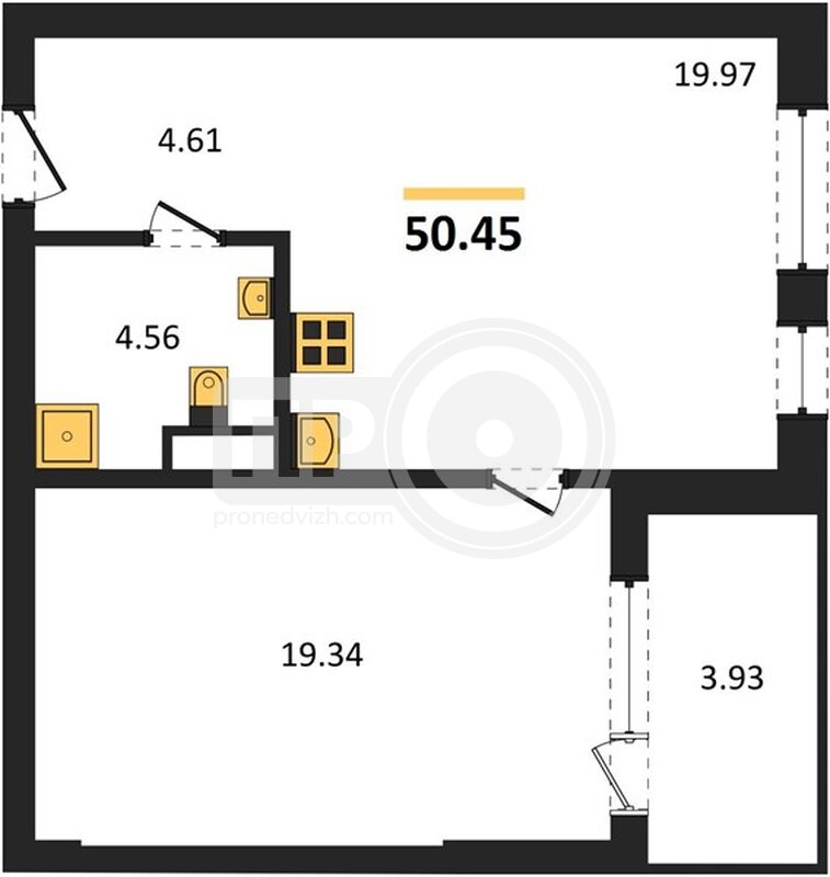 1-комнатная квартира, 50.45кв.м