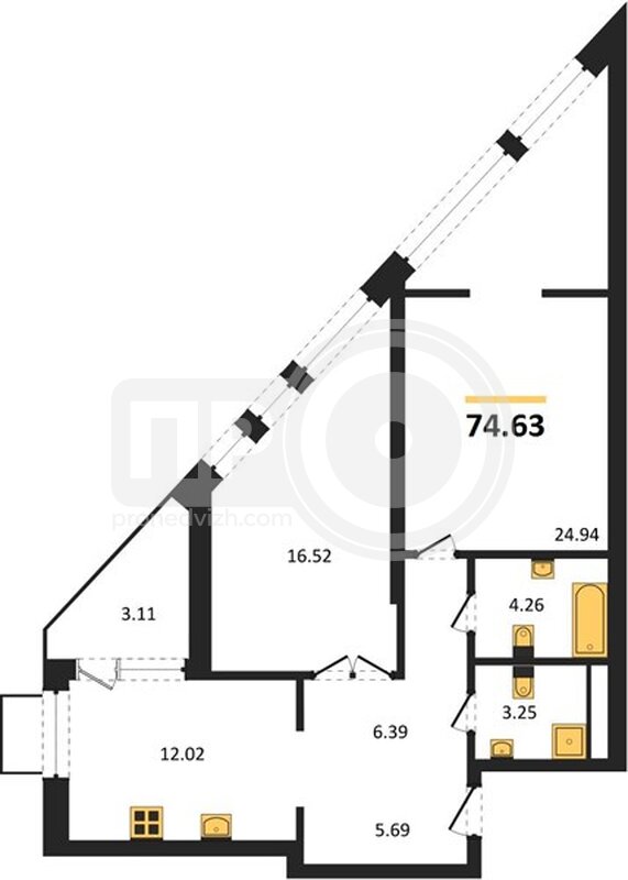 2-комнатная квартира, 74.63кв.м
