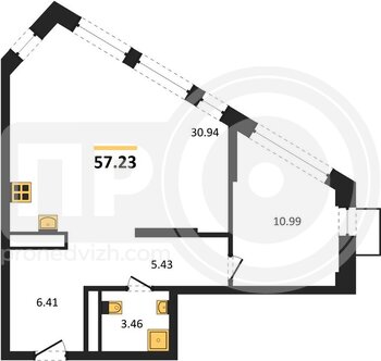 Миниатюра 1-комнатная квартира, 57.23кв.м