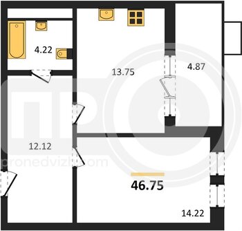 Миниатюра 1-комнатная квартира, 46.75кв.м
