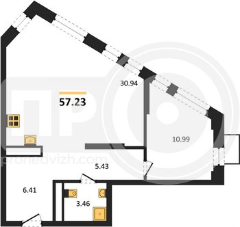 Миниатюра 1-комнатная квартира, 57.23кв.м