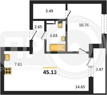 Миниатюра 1-комнатная квартира, 45.13кв.м