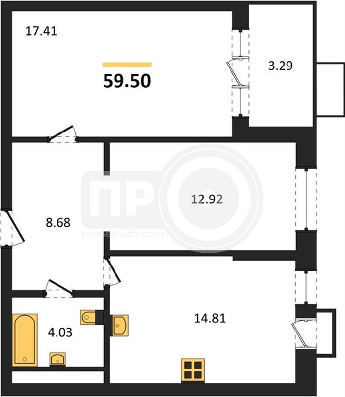 2-комнатная квартира, 59.5кв.м