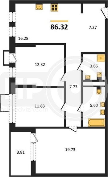 Миниатюра 3-комнатная квартира, 86.32кв.м