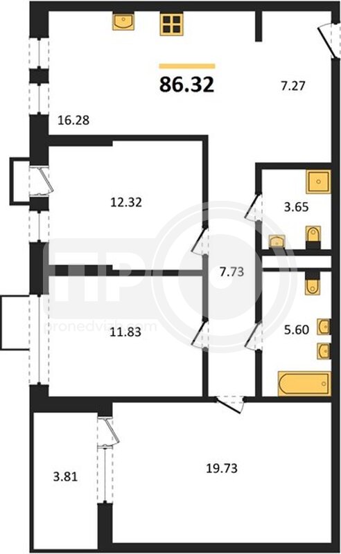 3-комнатная квартира, 86.32кв.м