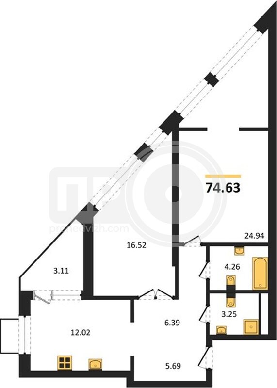 2-комнатная квартира, 74.63кв.м