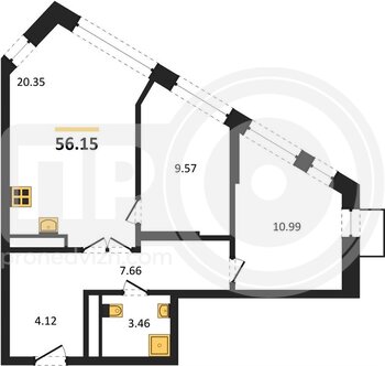 Миниатюра 2-комнатная квартира, 56.15кв.м