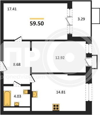 Миниатюра 2-комнатная квартира, 59.5кв.м