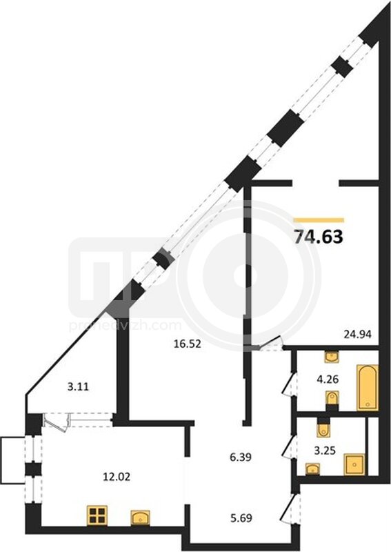 2-комнатная квартира, 74.63кв.м