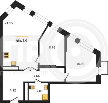 Миниатюра 2-комнатная квартира, 56.14кв.м