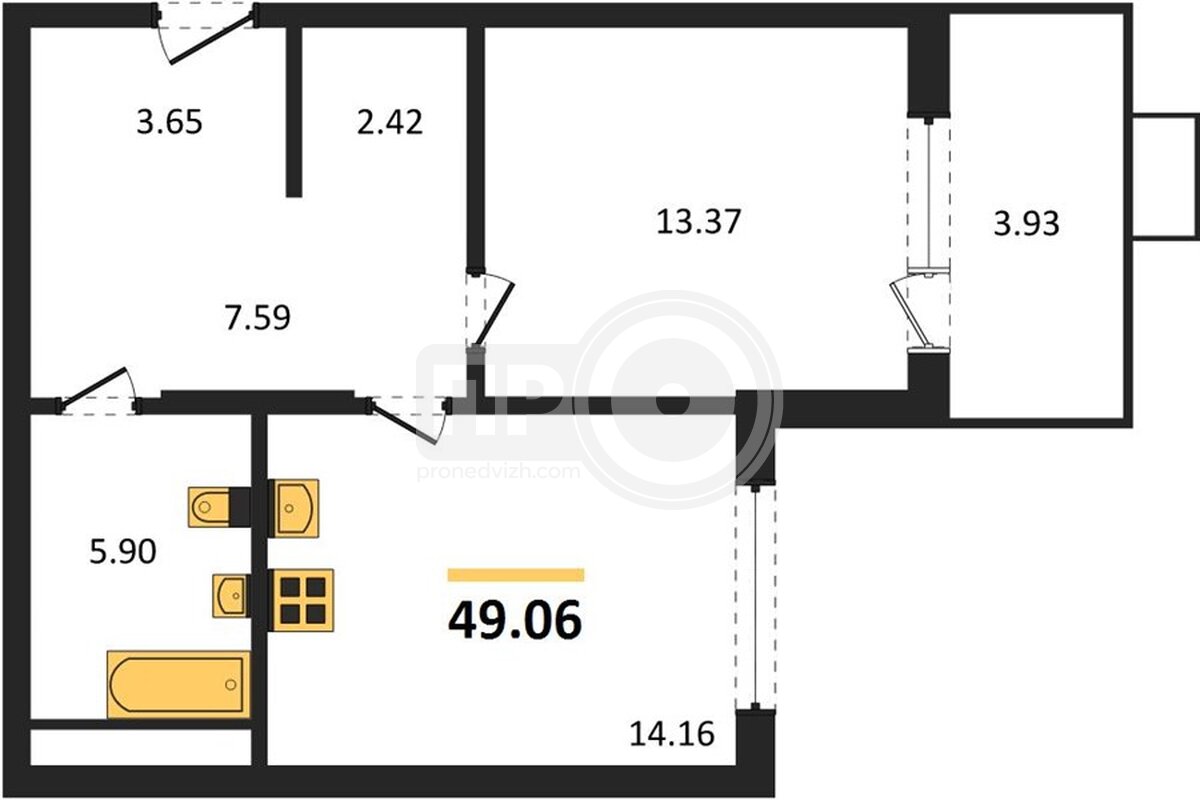 1-комнатная квартира, 49.06кв.м