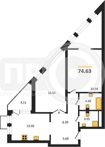 Миниатюра 2-комнатная квартира, 74.63кв.м