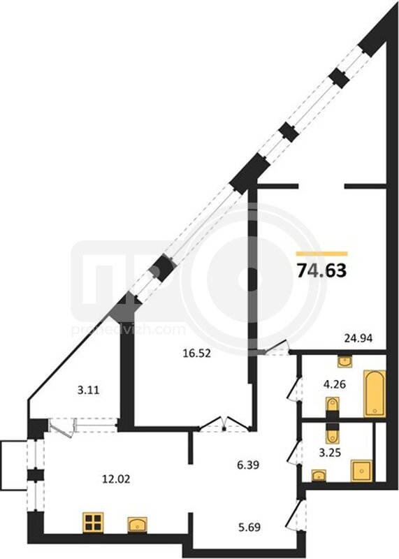 2-комнатная квартира, 74.63кв.м