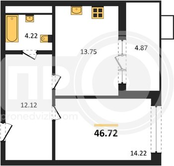 Миниатюра 1-комнатная квартира, 46.72кв.м