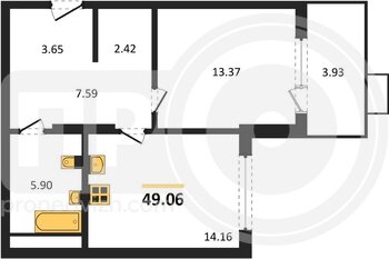 Миниатюра 1-комнатная квартира, 49.06кв.м