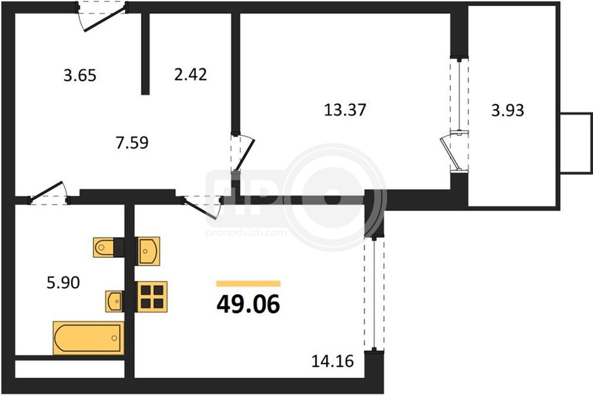 1-комнатная квартира, 49.06кв.м