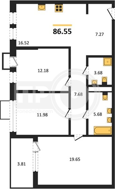 3-комнатная квартира, 86.55кв.м