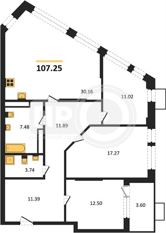 3-комнатная квартира, 107.25кв.м
