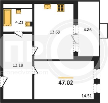 Миниатюра 1-комнатная квартира, 47.02кв.м