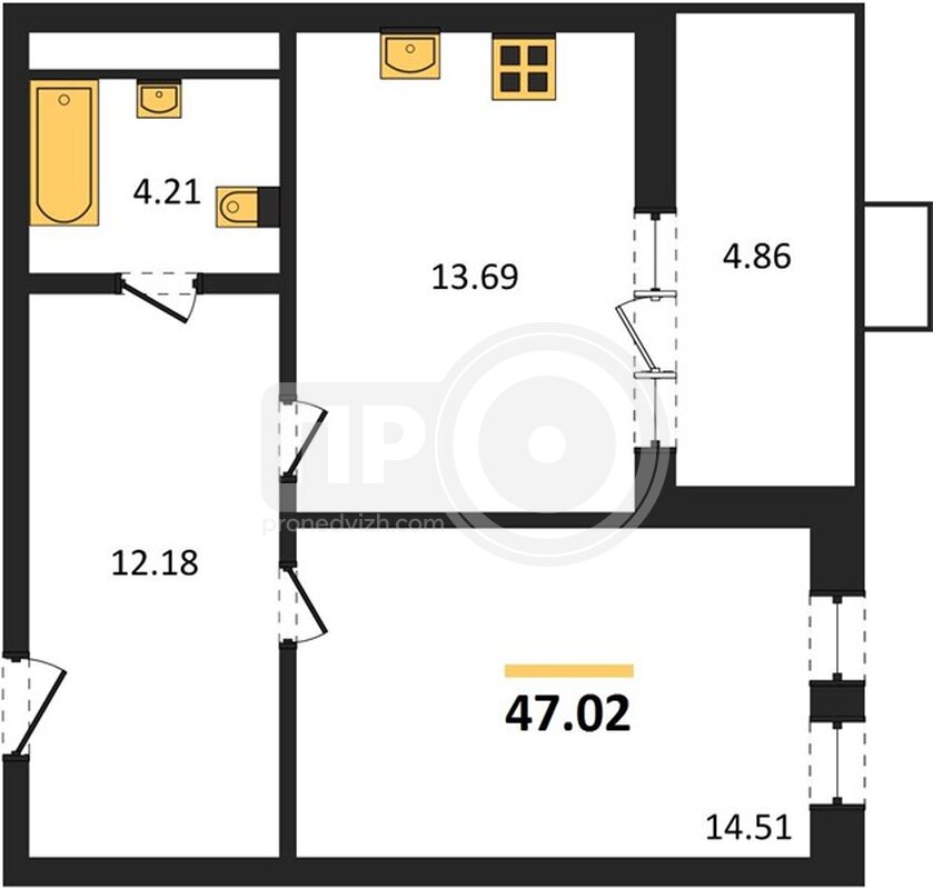 1-комнатная квартира, 47.02кв.м
