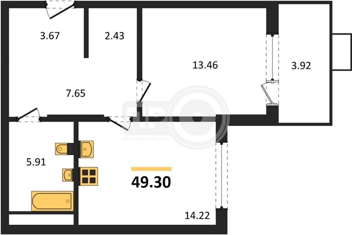 1-комнатная квартира, 49.3кв.м