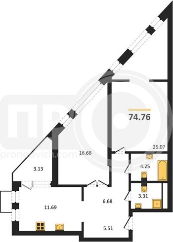 Миниатюра 2-комнатная квартира, 74.76кв.м