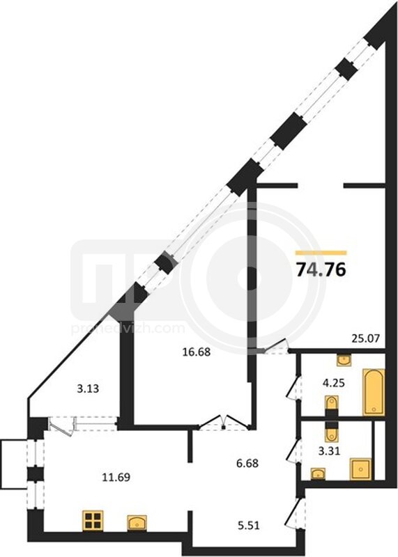 2-комнатная квартира, 74.76кв.м