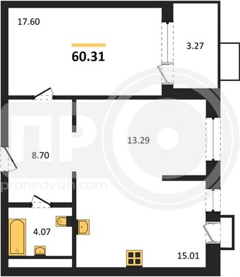 Миниатюра 2-комнатная квартира, 60.31кв.м