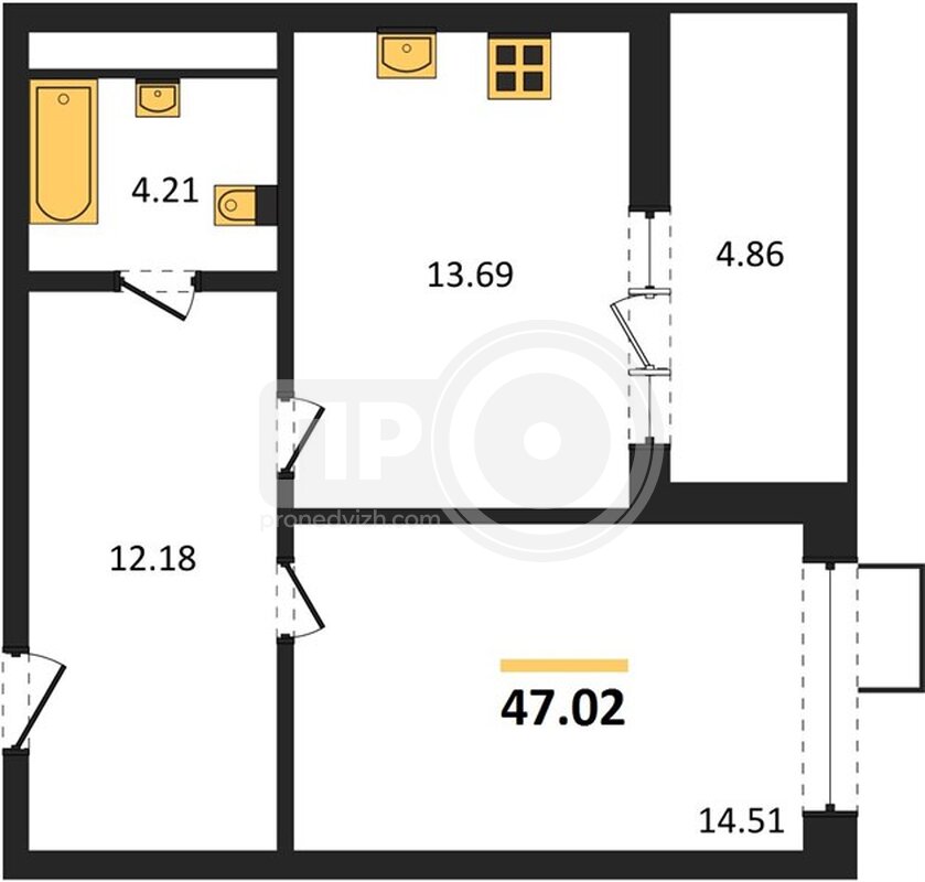 1-комнатная квартира, 47.02кв.м