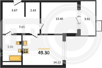 Миниатюра 1-комнатная квартира, 49.3кв.м