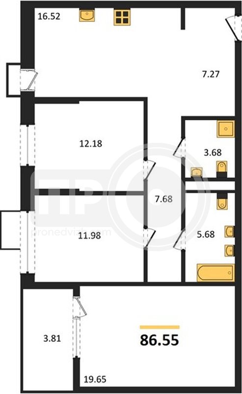 3-комнатная квартира, 86.55кв.м
