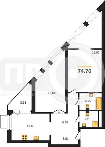 Миниатюра 2-комнатная квартира, 74.76кв.м